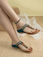 Summer Ladies Fashionable Handmade Wooden Beads Flat Sandals