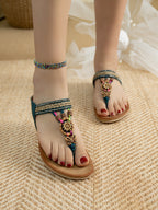 Summer Ladies Fashionable Handmade Wooden Beads Flat Sandals