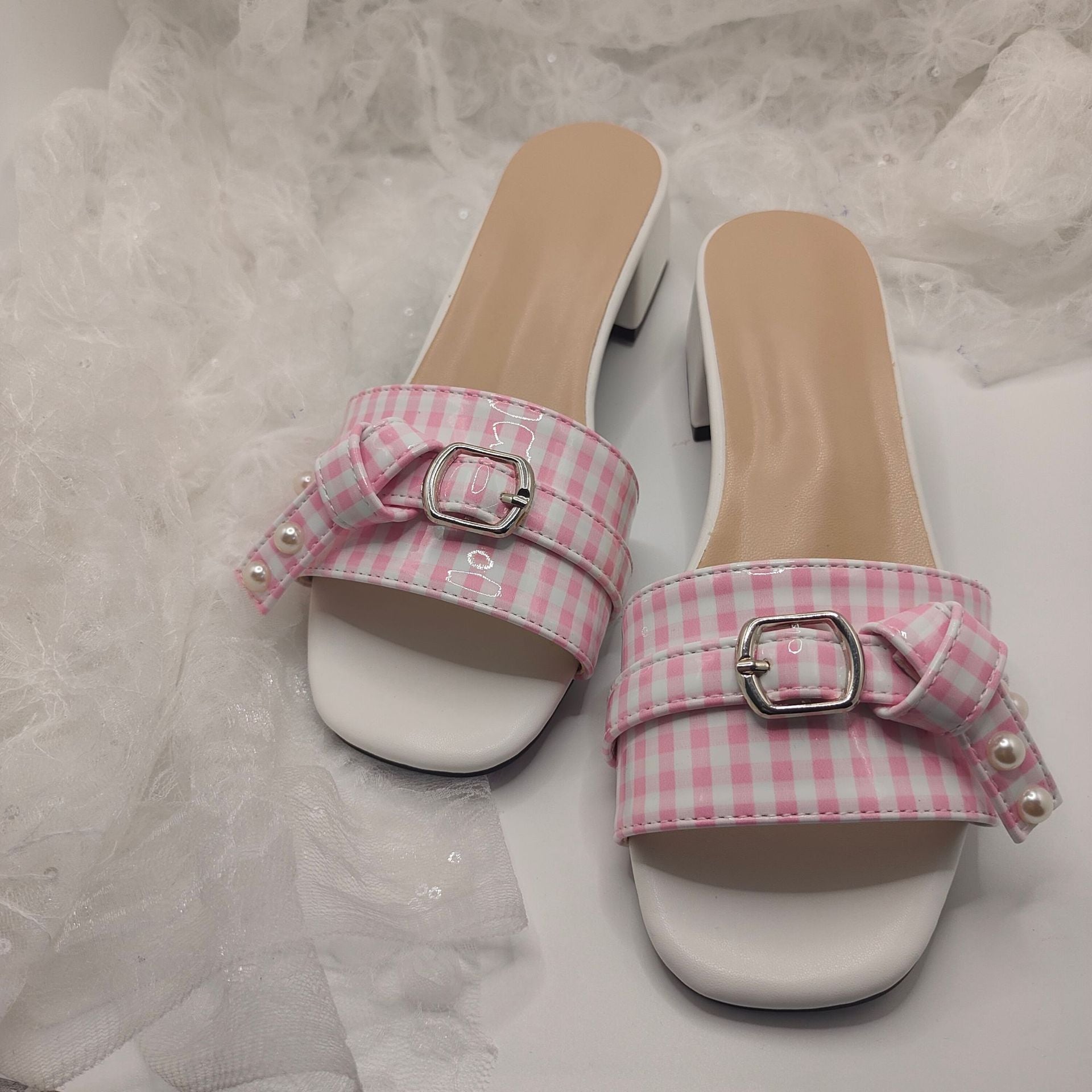 Summer Women's Pink Plaid Pearl Decorated Thick Heel Sandals Summer