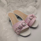Summer Women's Pink Plaid Pearl Decorated Thick Heel Sandals Summer