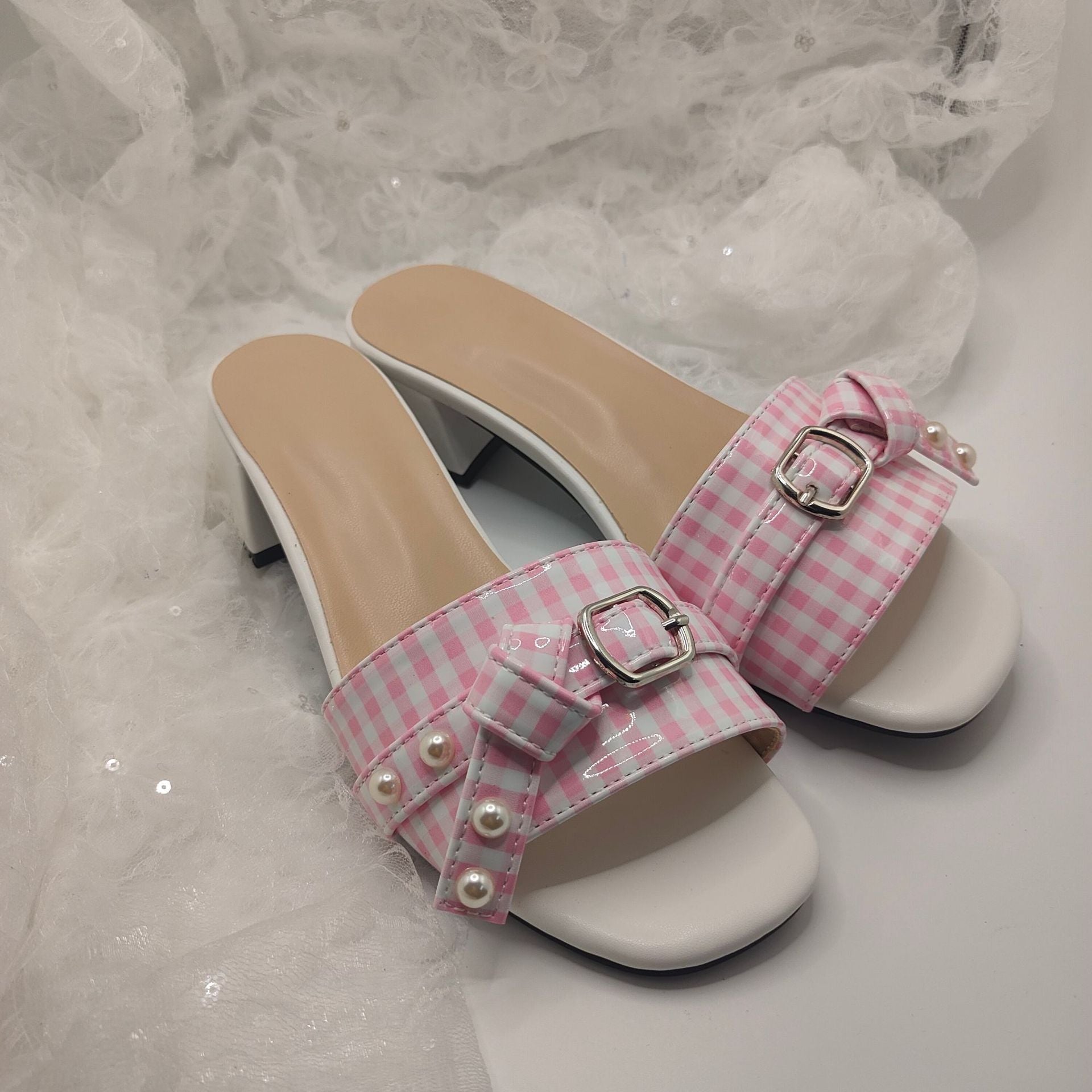 Summer Women's Pink Plaid Pearl Decorated Thick Heel Sandals Summer